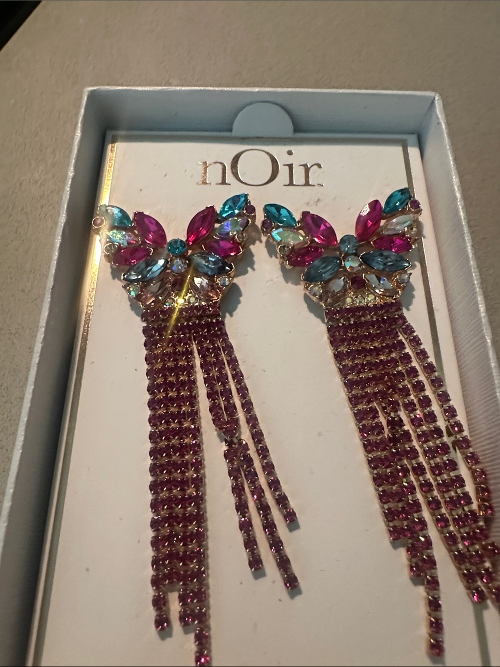 nOir Jewelry Pink & Teal Crystal Tassel Earrings